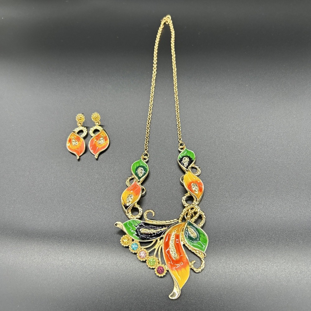 Multi-Colored Necklace & Earrings Set w/Multi-Colored Rhinestones Floral Design - Picture 5 of 5